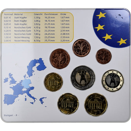 Nemecko,
 
 Setze 1 ct. - 2 eurá,
 
 Münzkaarte.FDC